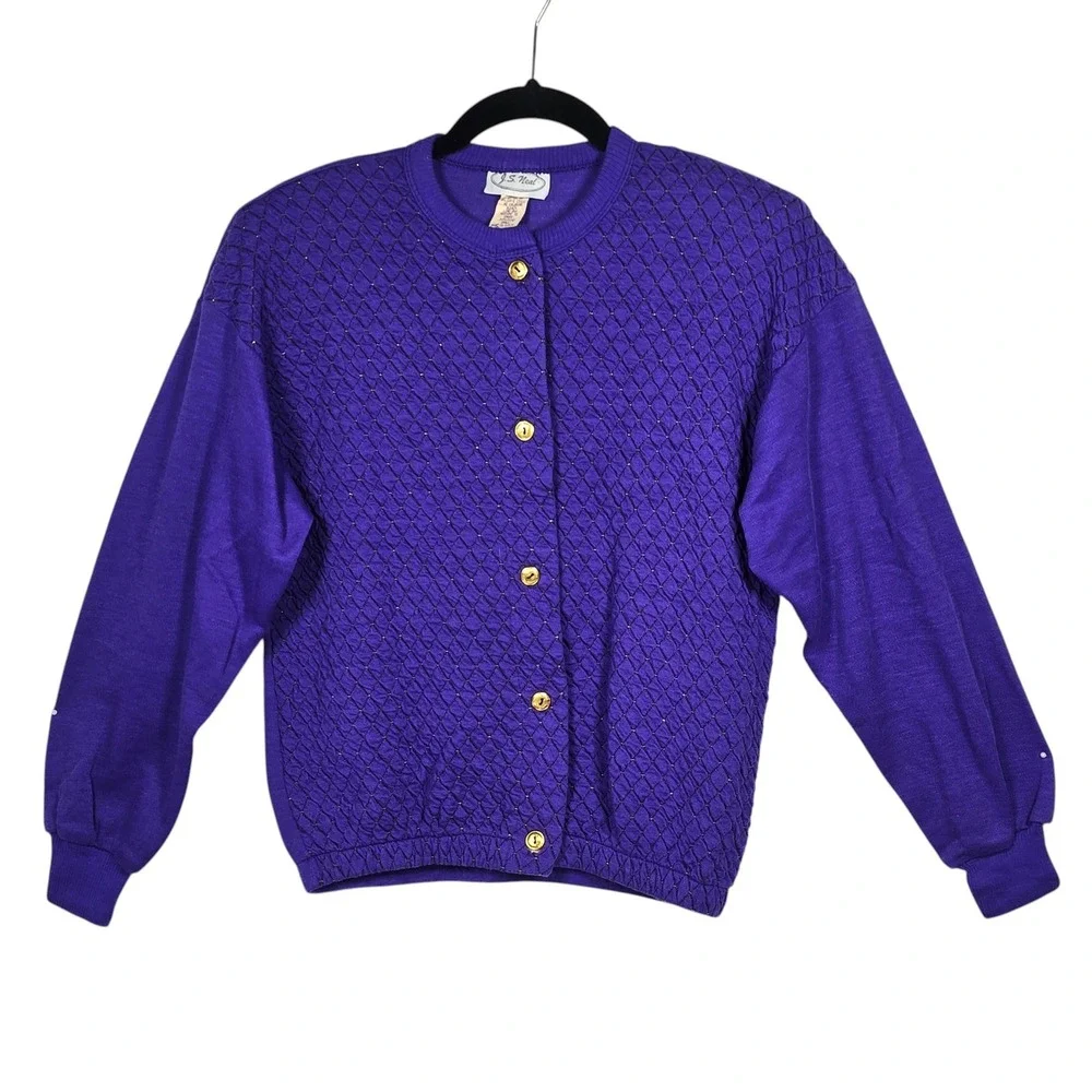 JS Neal Vintage Purple Quilted Cardigan Sweater Gold Lurex Shoulder Pads Small